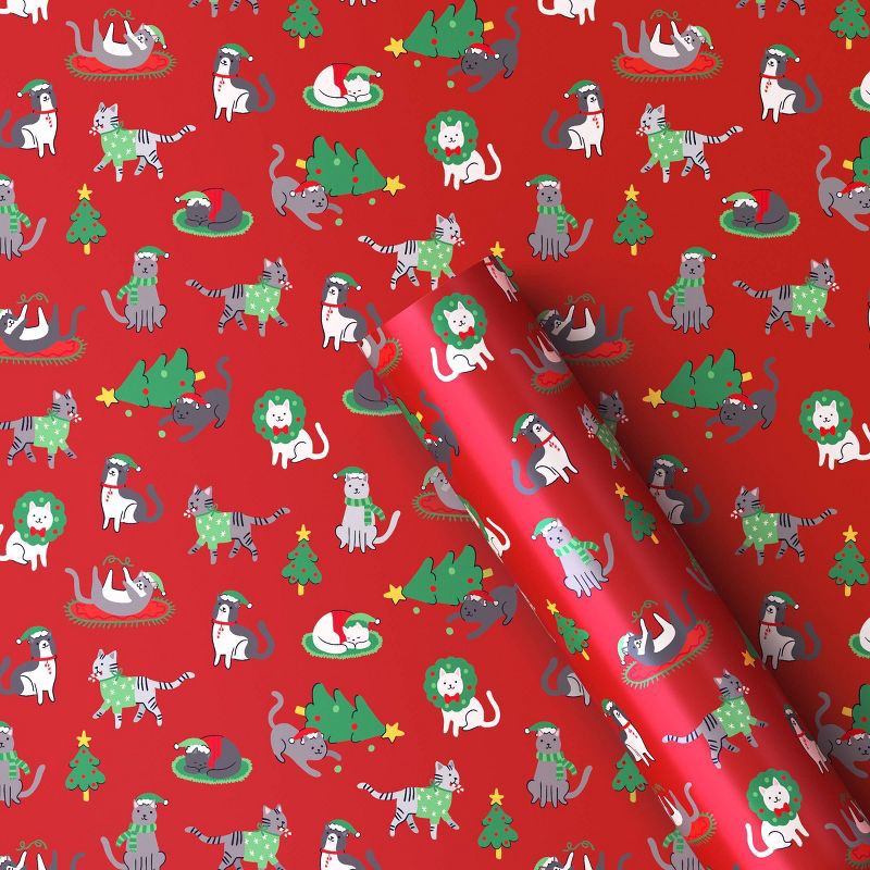 slide 1 of 3, 30" 50 sq ft Christmas Roll Wrap Illustrated Cats on Red - Wondershop™, 50 sq ft