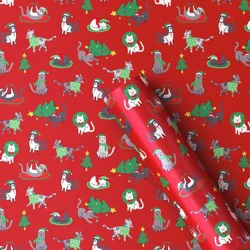 30" 50 sq ft Christmas Roll Wrap Illustrated Cats on Red - Wondershop™