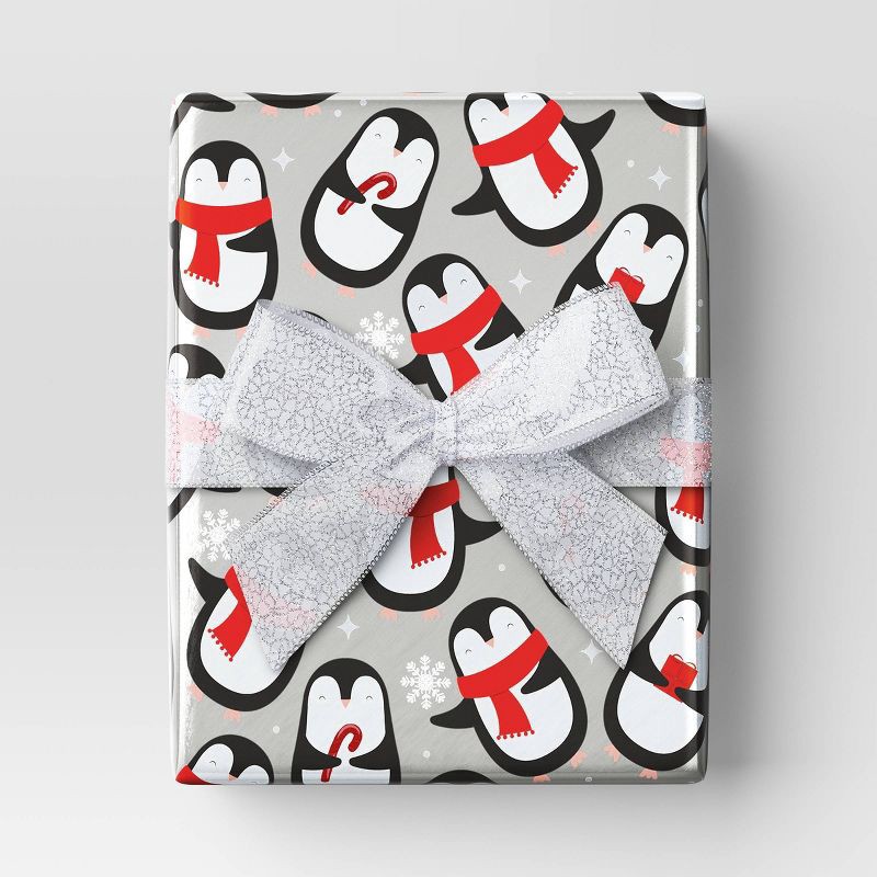 slide 2 of 3, 30" 25 sq ft Christmas Roll Wrap Penguins on Silver - Wondershop™, 25 sq ft
