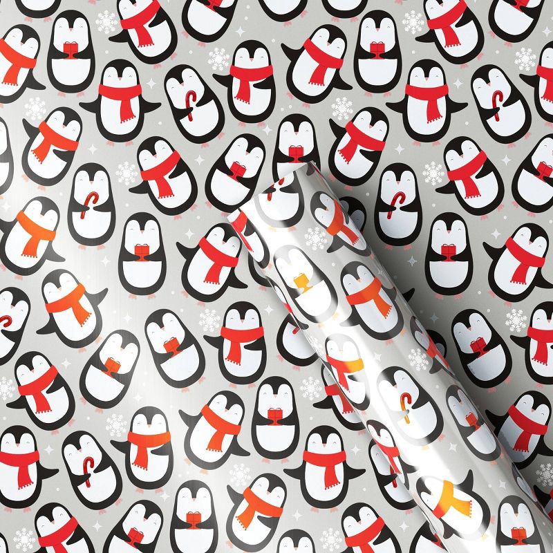 slide 1 of 3, 30" 25 sq ft Christmas Roll Wrap Penguins on Silver - Wondershop™, 25 sq ft