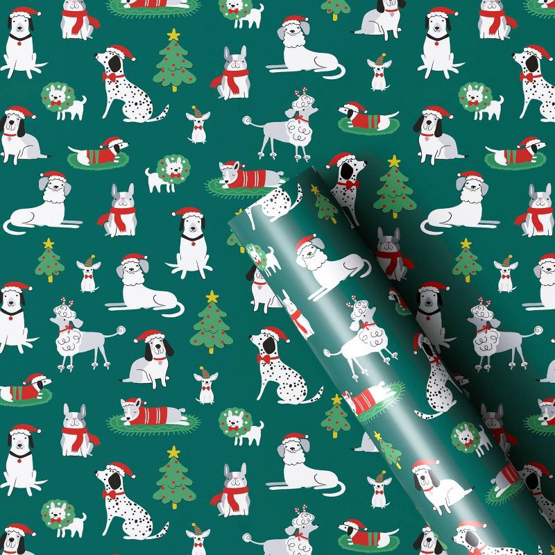 slide 1 of 3, 30" 50 sq ft Christmas Roll Wrap Illustrated Dogs on Green - Wondershop™, 50 sq ft