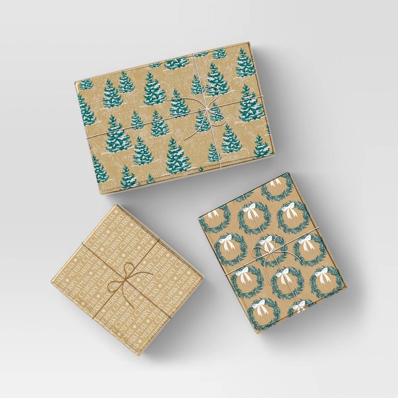 slide 2 of 3, 30" 3pk 180 sq ft Christmas Wrap Pack Wreath/Merry/Trees - Wondershop™, 3 ct, 180 sq ft