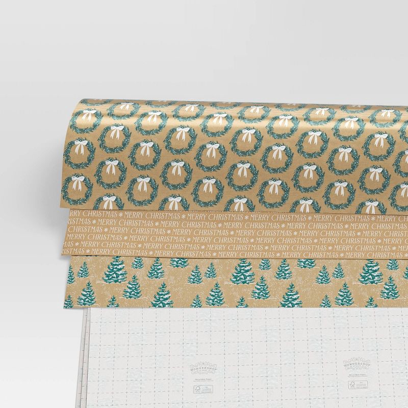 slide 3 of 3, 30" 3pk 180 sq ft Christmas Wrap Pack Wreath/Merry/Trees - Wondershop™, 3 ct, 180 sq ft