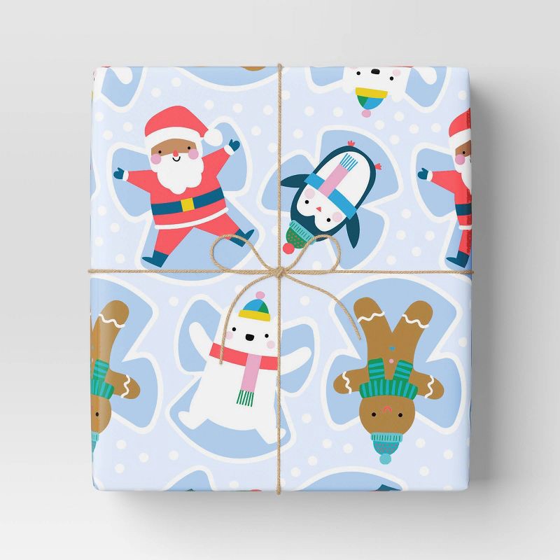 slide 2 of 3, 30" 50 sq ft Christmas Roll Wrap Character Snow Angels on Blue - Wondershop™, 50 sq ft