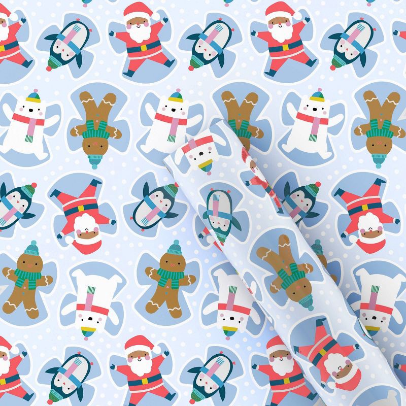 slide 1 of 3, 30" 50 sq ft Christmas Roll Wrap Character Snow Angels on Blue - Wondershop™, 50 sq ft
