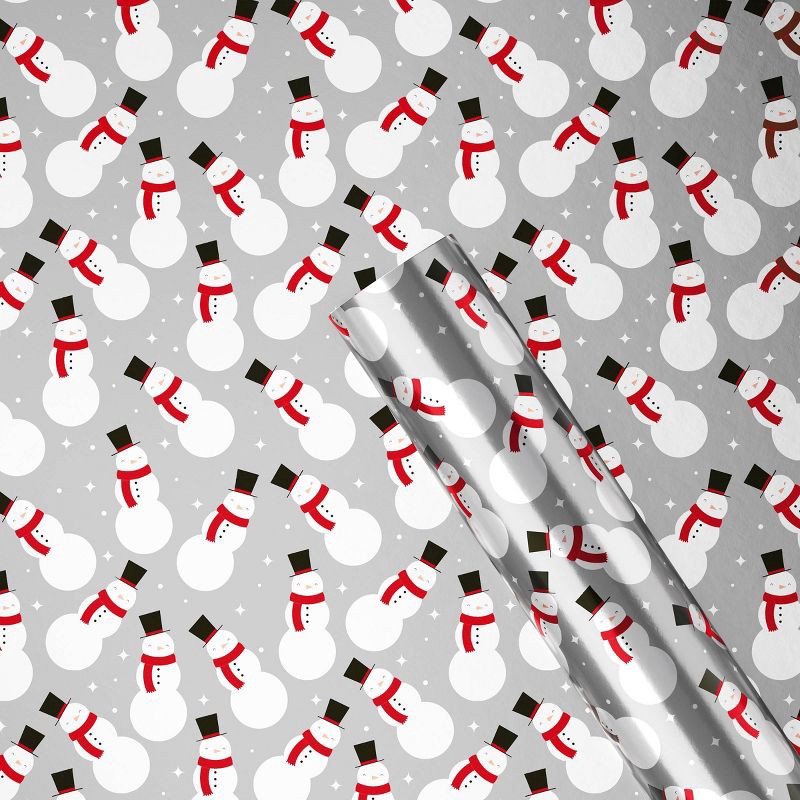 slide 1 of 3, 30" 25 sq ft Christmas Roll Wrap Snowman on Silver - Wondershop™, 25 sq ft