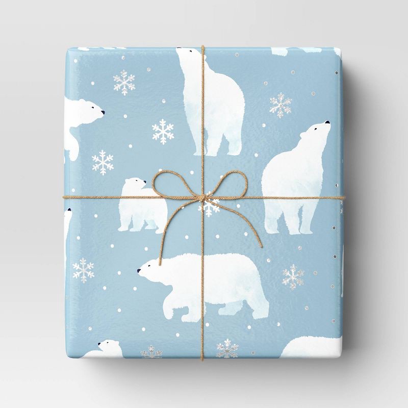 slide 2 of 3, 30" 25 sq ft Christmas Roll Wrap White Polar Bears on Blue - Wondershop™, 25 sq ft