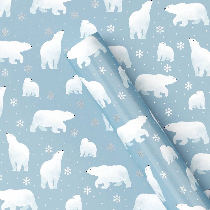 slide 1 of 3, 30" 25 sq ft Christmas Roll Wrap White Polar Bears on Blue - Wondershop™, 25 sq ft