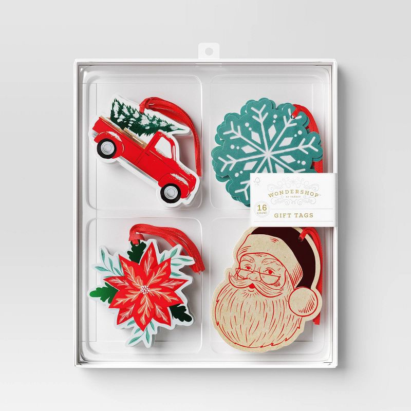 slide 1 of 3, 16ct Christmas Tie-On Gift Tags Truck/Snowflake/Poinsettia/Santa - Wondershop™, 16 ct