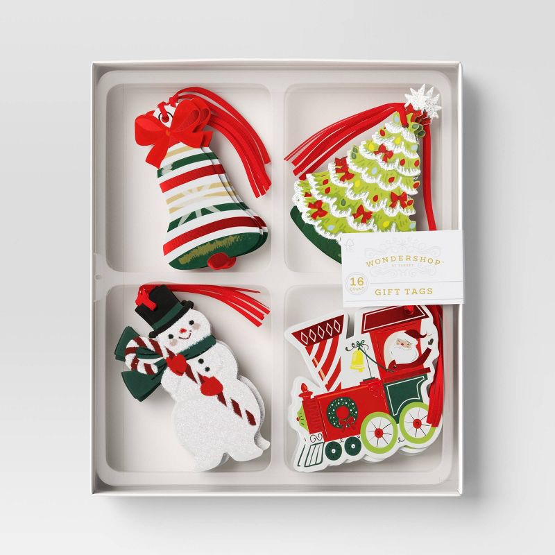 slide 1 of 3, 16ct Christmas Tie-On Gift Tags Bell/Tree/Snowman/Train - Wondershop™, 16 ct