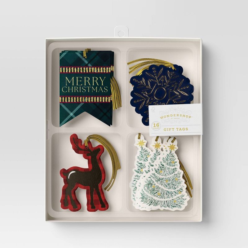 slide 1 of 3, 16ct Christmas Tie-On Gift Tags Reindeer/Tree/Snow Flake/Merry - Wondershop™, 16 ct