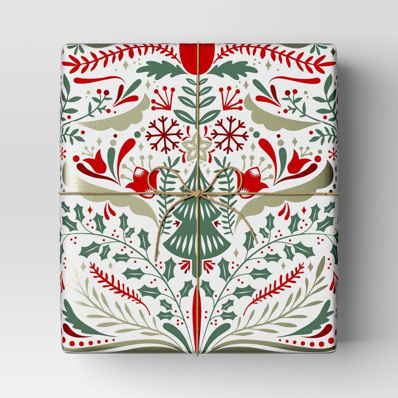 slide 2 of 3, 30" 25 sq ft Christmas Roll Wrap Scandinavian Florals and Trees - Wondershop™, 25 sq ft