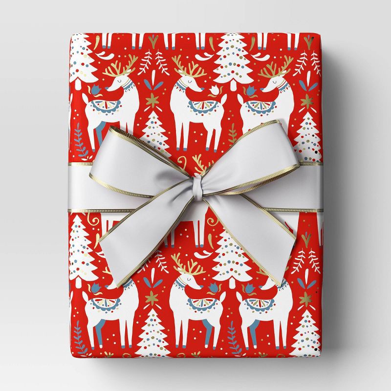 slide 2 of 3, 30" 20 sq ft Christmas Roll Wrap Scandinavian Trees and Deer on Red - Wondershop™, 20 sq ft