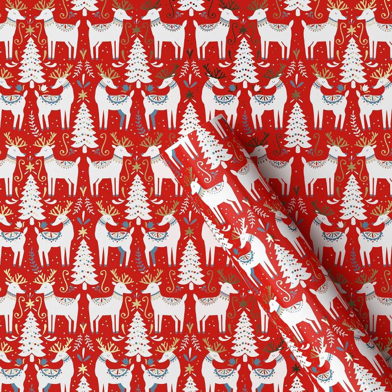 slide 1 of 3, 30" 20 sq ft Christmas Roll Wrap Scandinavian Trees and Deer on Red - Wondershop™, 20 sq ft