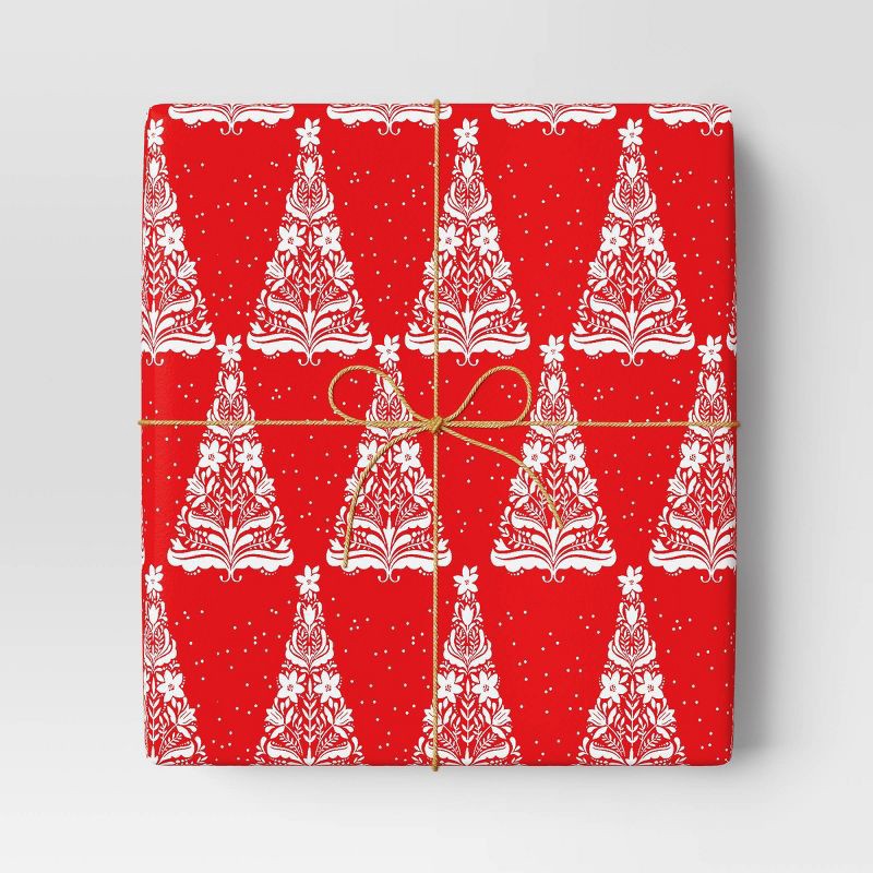 slide 2 of 3, 30" 20 sq ft Christmas Roll Wrap White Trees on Red - Wondershop™, 20 sq ft