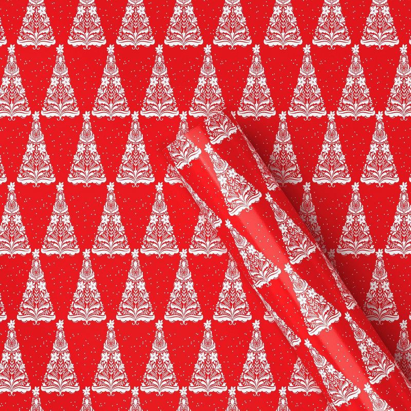 slide 1 of 3, 30" 20 sq ft Christmas Roll Wrap White Trees on Red - Wondershop™, 20 sq ft