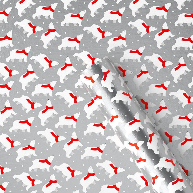 slide 1 of 3, 30" 25 sq ft Christmas Roll Wrap Red White Polar Bears on Silver - Wondershop™, 25 sq ft