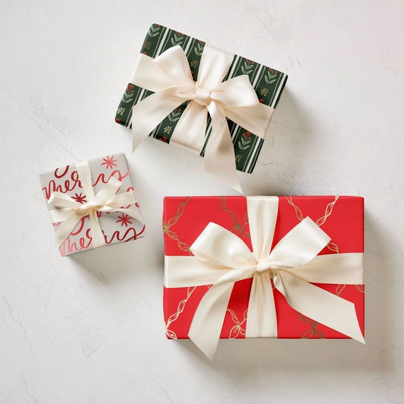 slide 3 of 3, Minted Foil Merry Luxury Gift Wrapping Paper Red/Silver, 1 ct