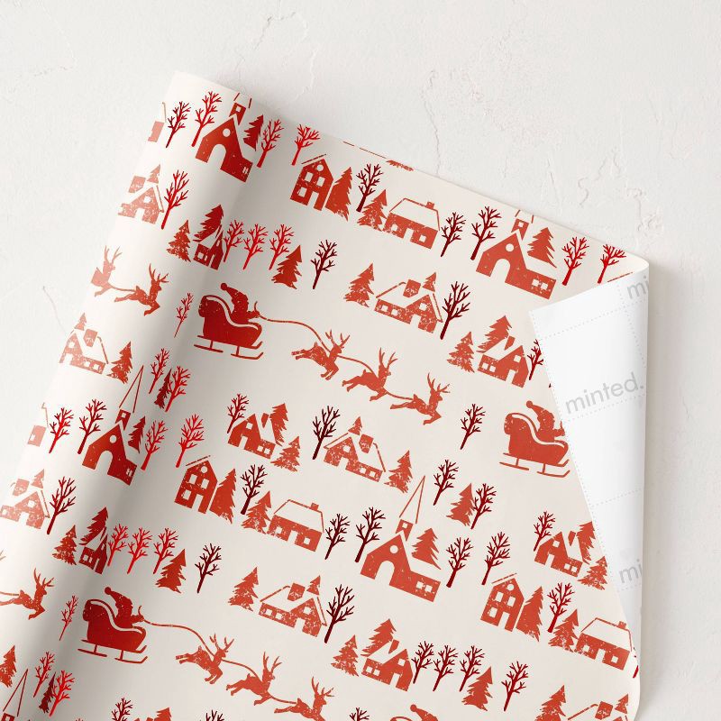 slide 2 of 3, Minted Foil Toile Village Luxury Gift Wrapping Paper Red/Cream, 1 ct