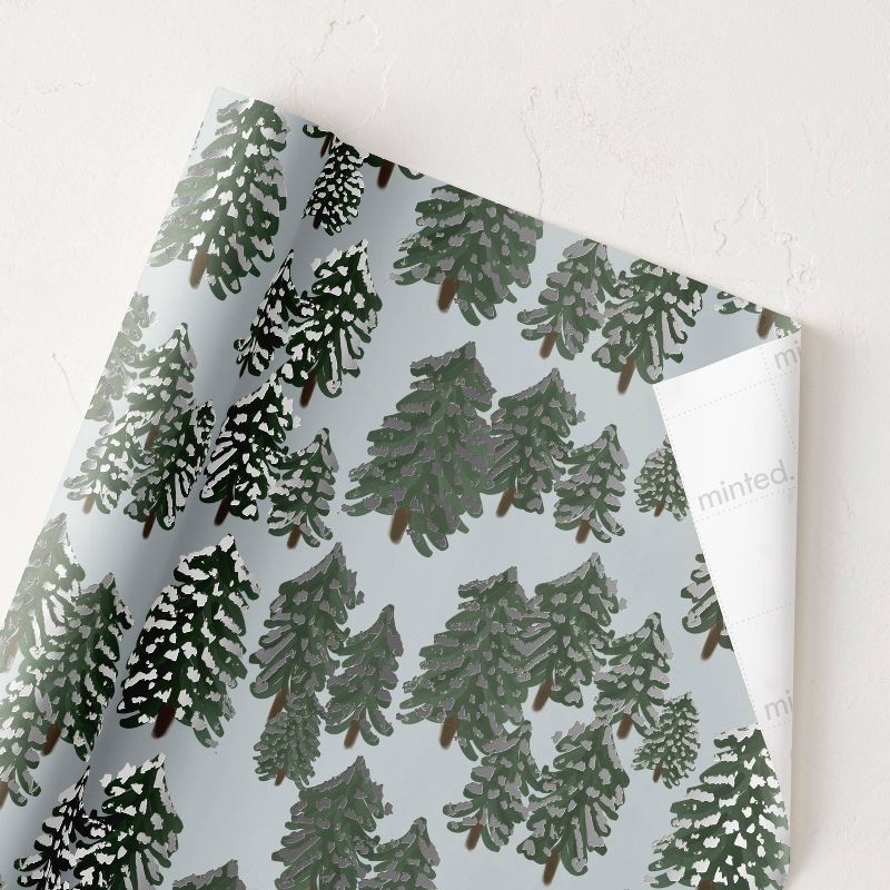 slide 2 of 3, Minted Foil Frosted Trees Luxury Gift Wrapping Paper Green/Blue/White, 1 ct