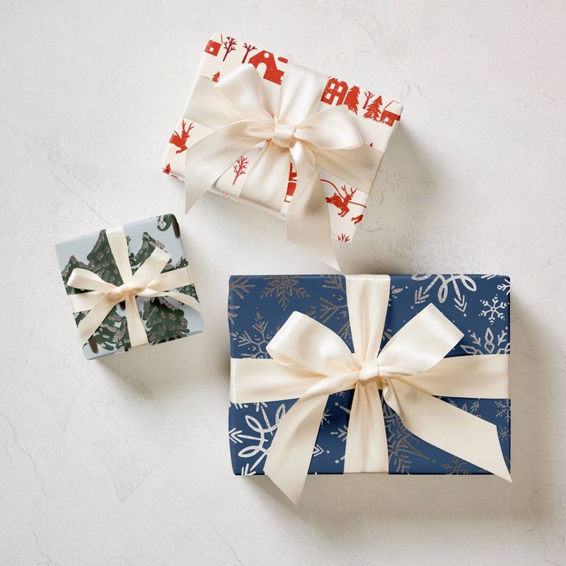 slide 3 of 3, Minted Foil Frosted Trees Luxury Gift Wrapping Paper Green/Blue/White, 1 ct