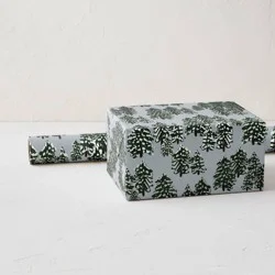 Minted Foil Frosted Trees Luxury Gift Wrapping Paper Green/Blue/White