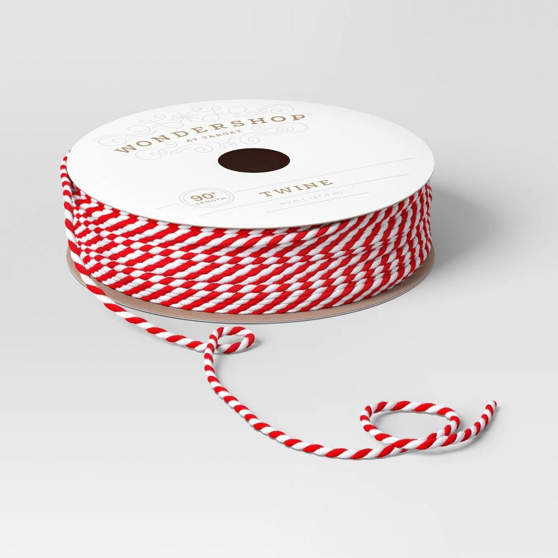 slide 3 of 3, 90' Christmas Fabric Ribbon Red/White Striped Twine - Wondershop™, 1 ct