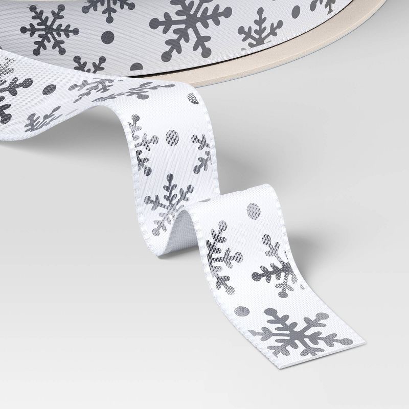 slide 3 of 3, 18' Christmas Fabric Ribbon White/Satin/Silver Snowflakes - Wondershop™, 1 ct