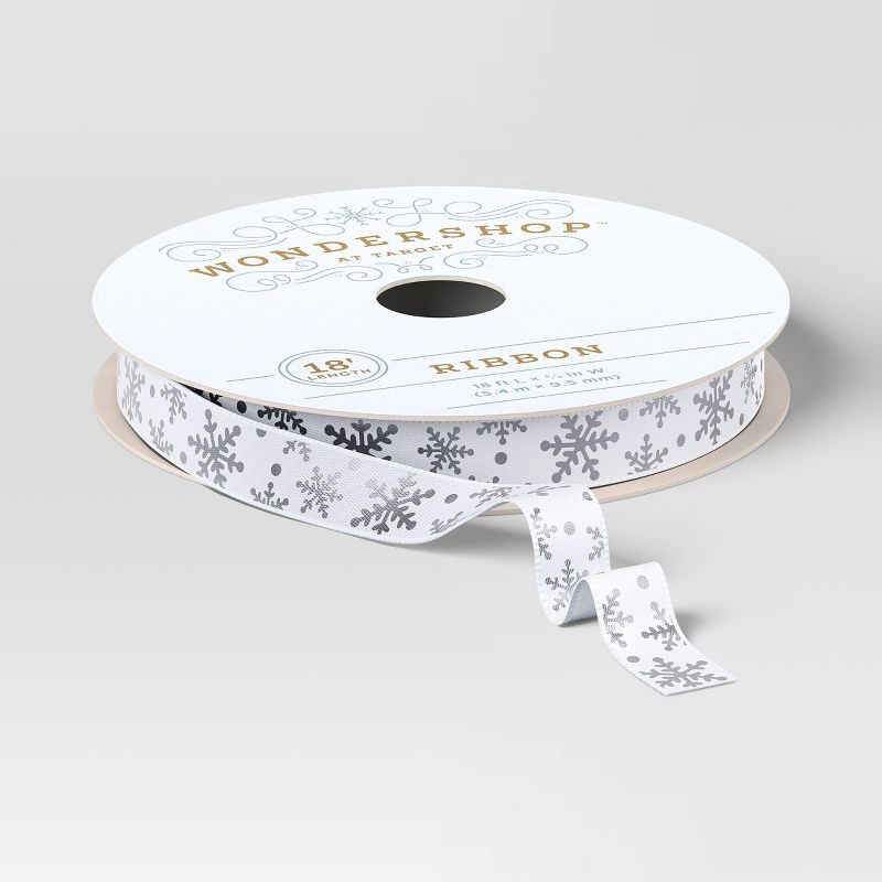 slide 1 of 3, 18' Christmas Fabric Ribbon White/Satin/Silver Snowflakes - Wondershop™, 1 ct