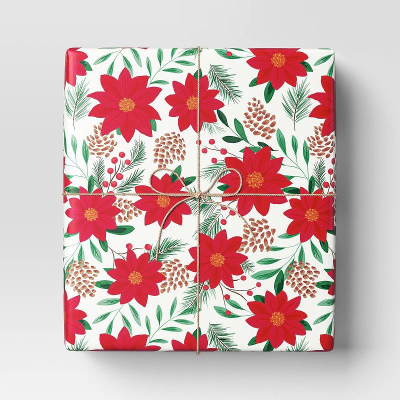 slide 2 of 3, 30" 50 sq ft Christmas Roll Wrap Poinsettia on Cream - Wondershop™, 50 sq ft
