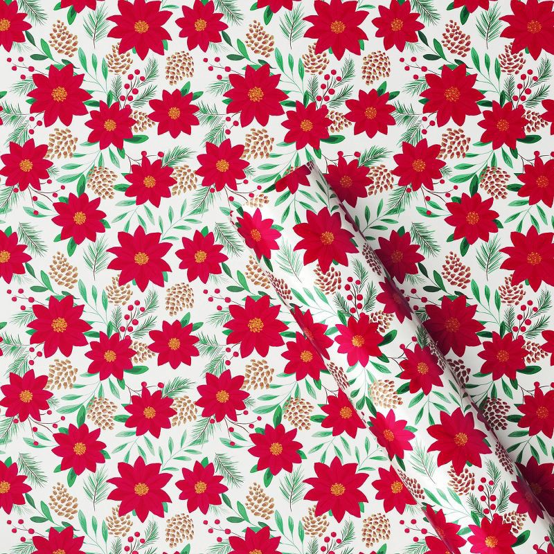 slide 1 of 3, 30" 50 sq ft Christmas Roll Wrap Poinsettia on Cream - Wondershop™, 50 sq ft