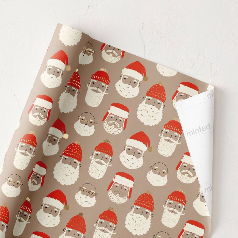 slide 2 of 3, Minted Foil Santa Faces Luxury Gift Wrapping Paper Brown/Red/White, 1 ct
