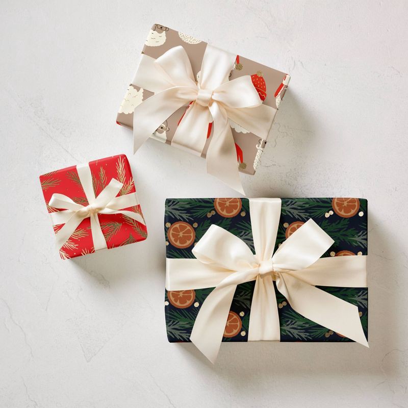 slide 3 of 3, Minted Foil Santa Faces Luxury Gift Wrapping Paper Brown/Red/White, 1 ct