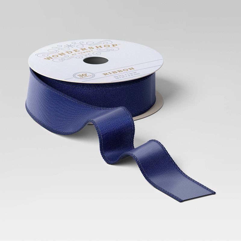 slide 1 of 3, 30' Christmas Fabric Ribbon Navy Satin - Wondershop™, 1 ct