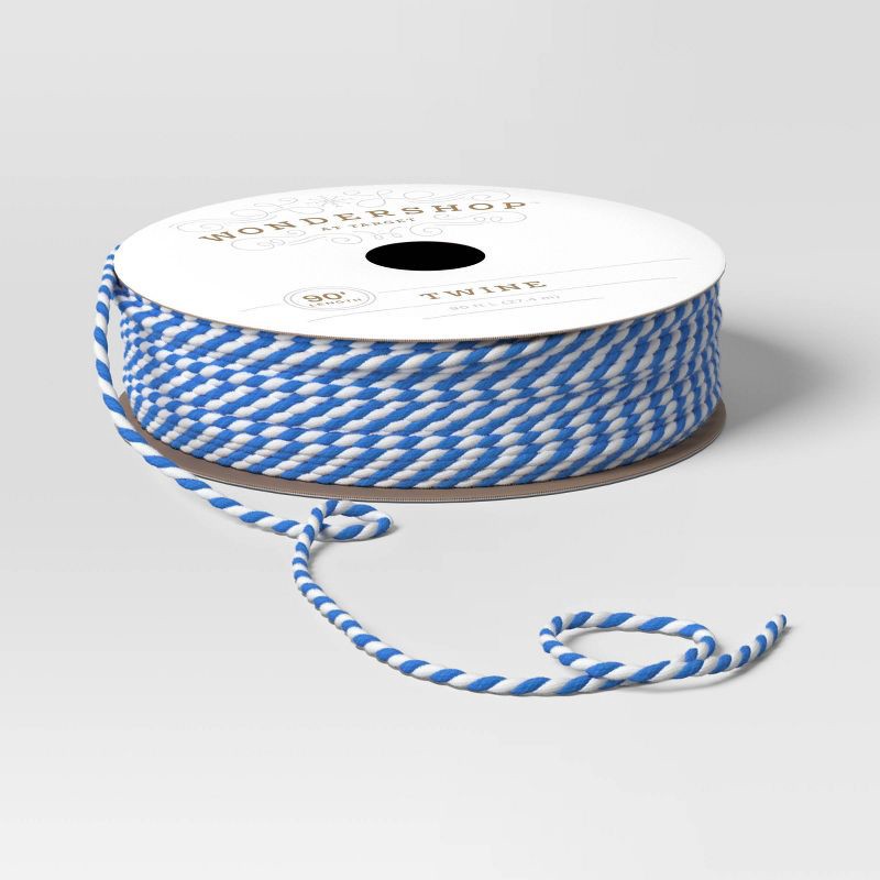 slide 3 of 3, 90' Christmas Fabric Ribbon Blue/White Striped Twine - Wondershop™, 1 ct
