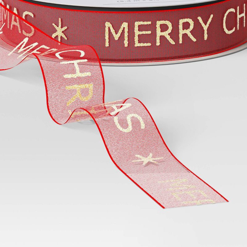 slide 3 of 3, 18' Christmas Fabric Ribbon Merry Christmas on Red Sheer - Wondershop™, 1 ct
