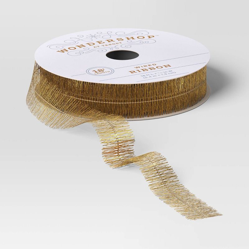 slide 1 of 3, 18' Christmas Fabric Ribbon Gold Tinsel - Wondershop™, 1 ct