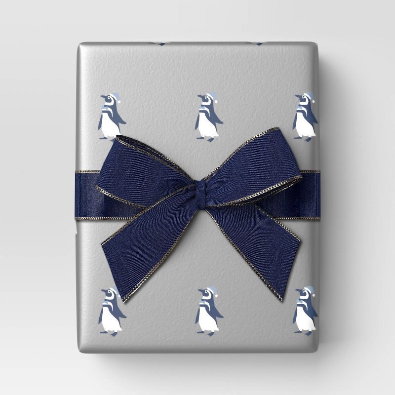 slide 2 of 3, 30' Christmas Fabric Ribbon Navy Faux Linen Gold Glitter Edge - Wondershop™, 1 ct