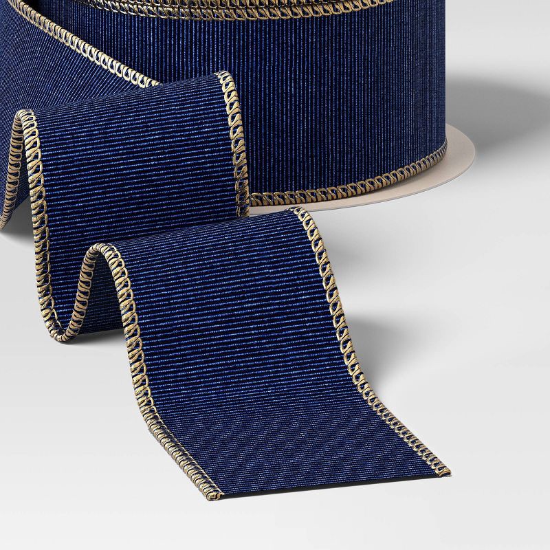 slide 3 of 3, 30' Christmas Fabric Ribbon Navy Faux Linen Gold Glitter Edge - Wondershop™, 1 ct