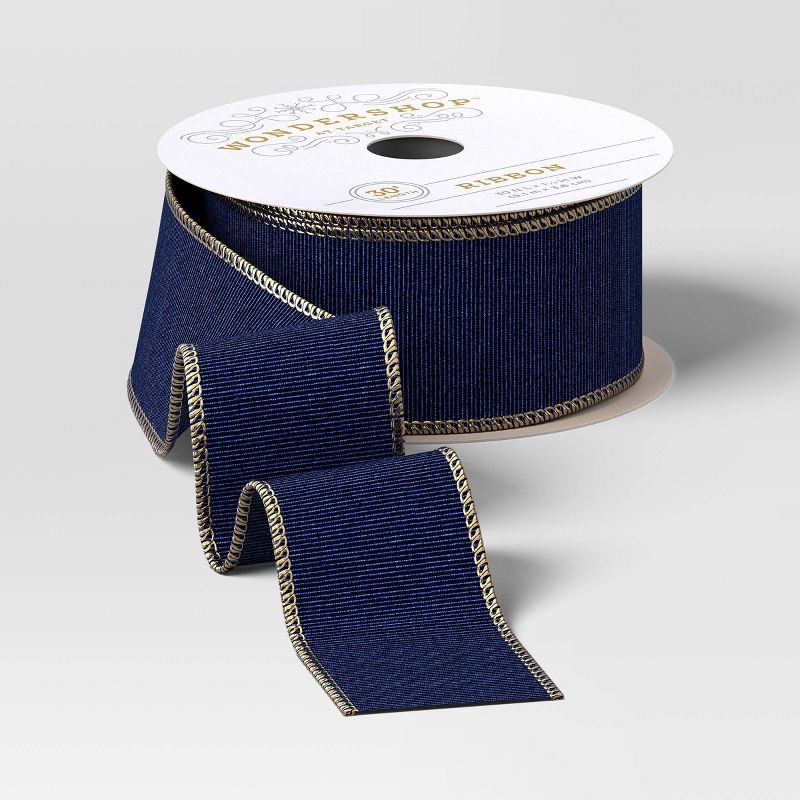 slide 1 of 3, 30' Christmas Fabric Ribbon Navy Faux Linen Gold Glitter Edge - Wondershop™, 1 ct