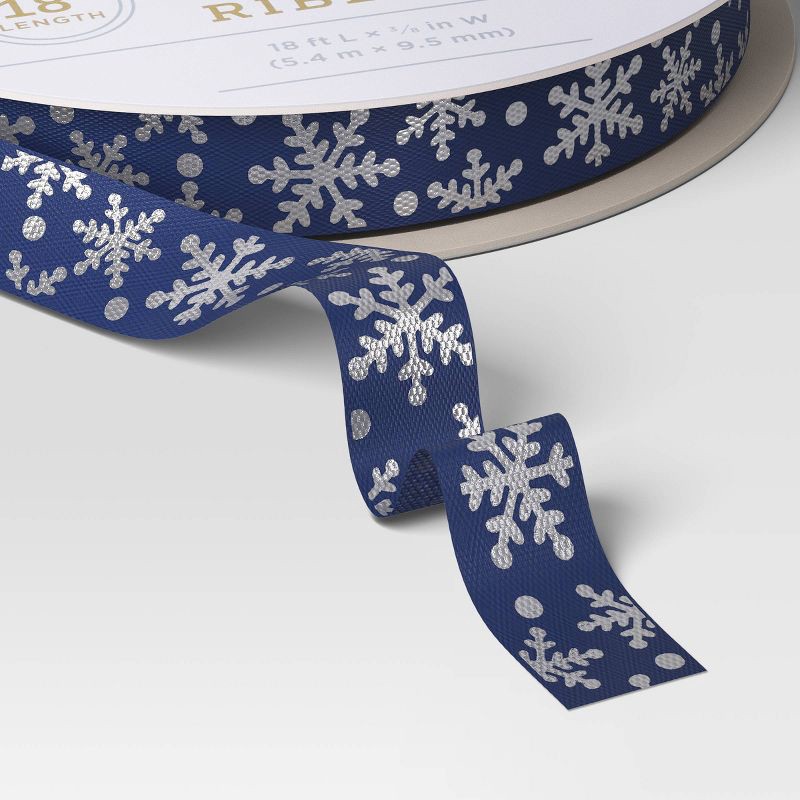 slide 3 of 3, 18' Christmas Fabric Ribbon Blue/White Satin Snowflakes - Wondershop™, 1 ct