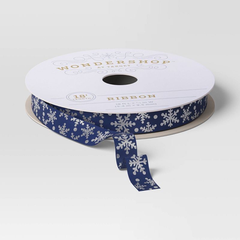 slide 1 of 3, 18' Christmas Fabric Ribbon Blue/White Satin Snowflakes - Wondershop™, 1 ct