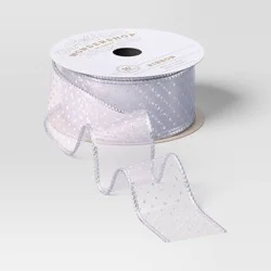 30' Christmas Fabric Ribbon Silver Sheer White Glitter Dots - Wondershop™