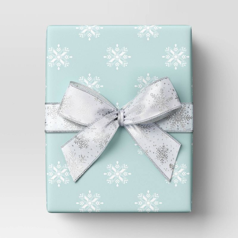 slide 2 of 3, 30' Christmas Fabric Ribbon White Satin Silver Snowflakes - Wondershop™, 1 ct