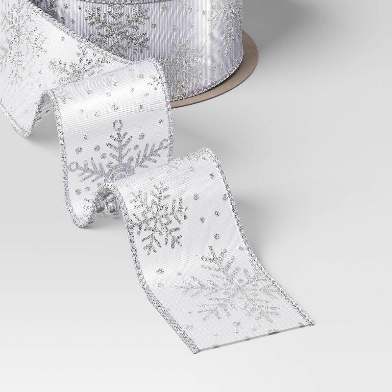 slide 3 of 3, 30' Christmas Fabric Ribbon White Satin Silver Snowflakes - Wondershop™, 1 ct