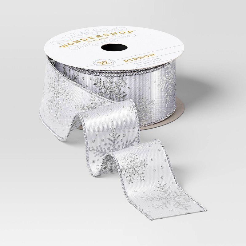 slide 1 of 3, 30' Christmas Fabric Ribbon White Satin Silver Snowflakes - Wondershop™, 1 ct