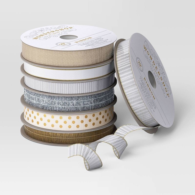 slide 3 of 3, 7ct 70' Christmas Fabric Ribbon Metallic Gold/Silver/White - Wondershop™, 7 ct