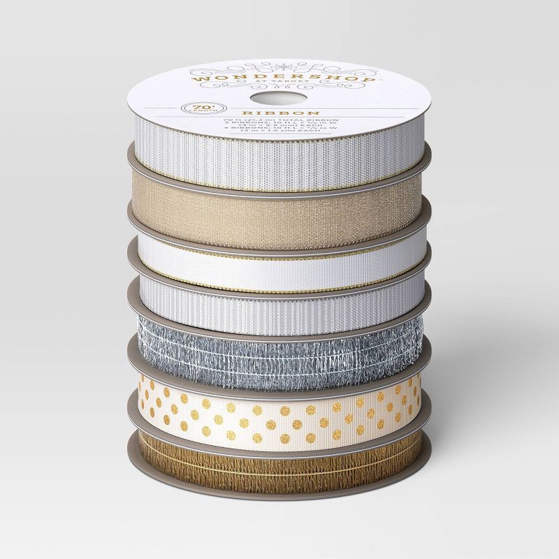 slide 1 of 3, 7ct 70' Christmas Fabric Ribbon Metallic Gold/Silver/White - Wondershop™, 7 ct