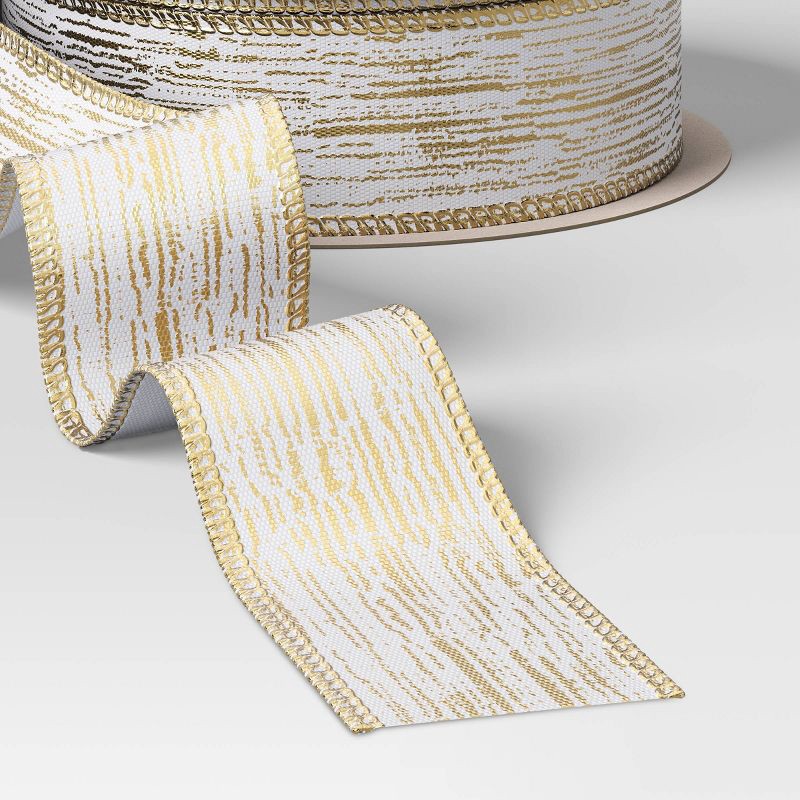 slide 3 of 3, 30' Christmas Fabric Ribbon White Satin Gold Stripes - Wondershop™, 1 ct