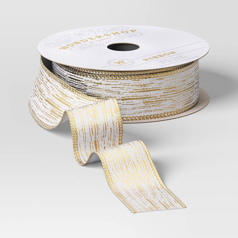 slide 1 of 3, 30' Christmas Fabric Ribbon White Satin Gold Stripes - Wondershop™, 1 ct